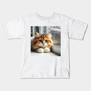 Cute orange cat on rainy day Kids T-Shirt